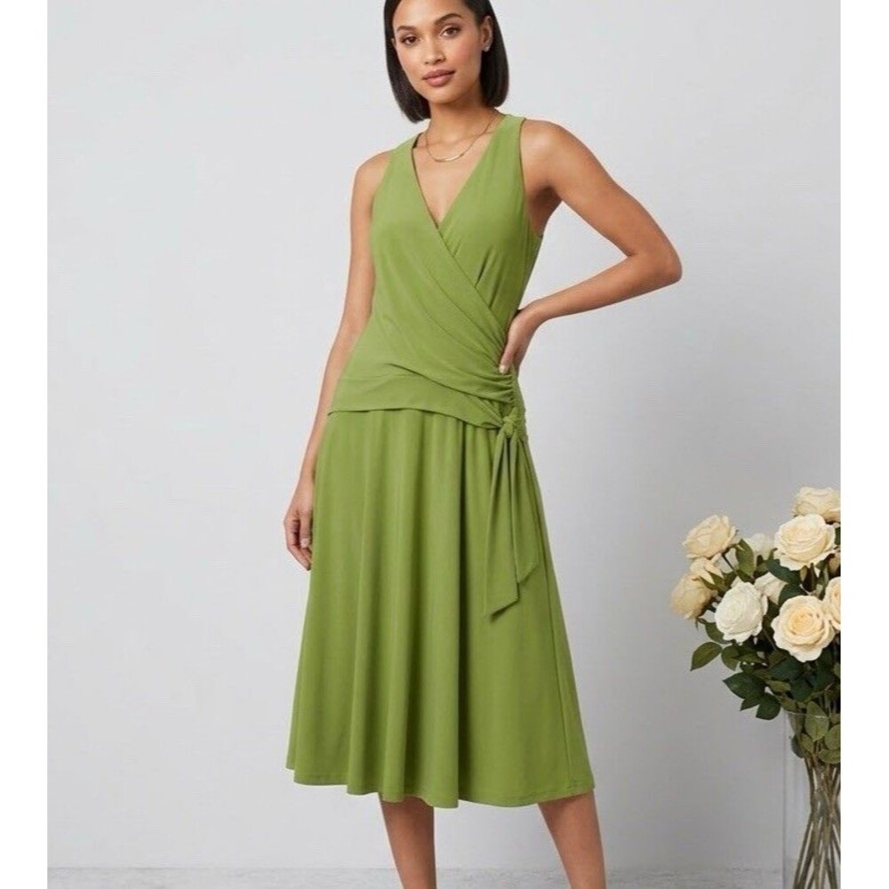 Jones New York Green Goddess Draped Wrap Midi Dress Sz 12 Minimalist Sleek